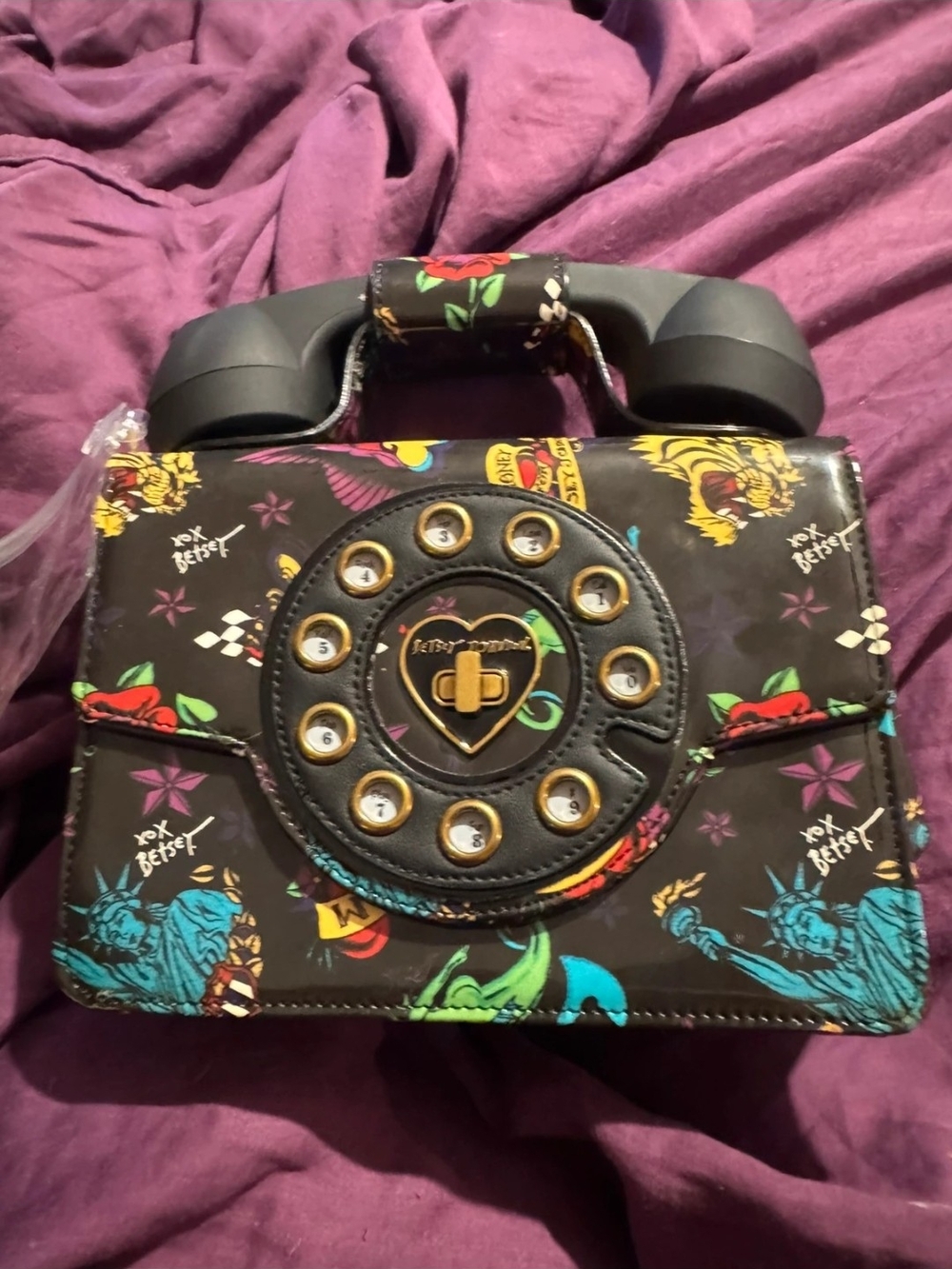 Betsey Johnson Black Floral Retro Telephone Satchel with Colorful Accents
